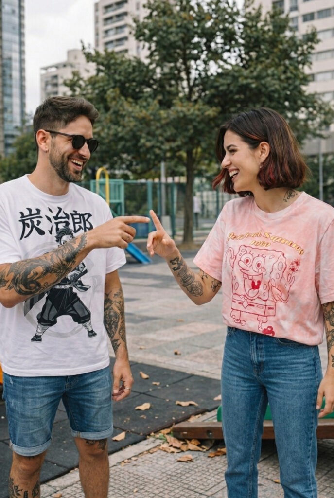 Pareja joven compartiendo un momento con ropa de tendencia pagada a cuotas.